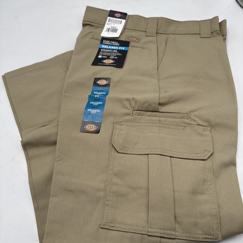Dickies Flex Twill Cargo Pants Mens 34x32 Khaki Solid Relaxed Straight WP598DN